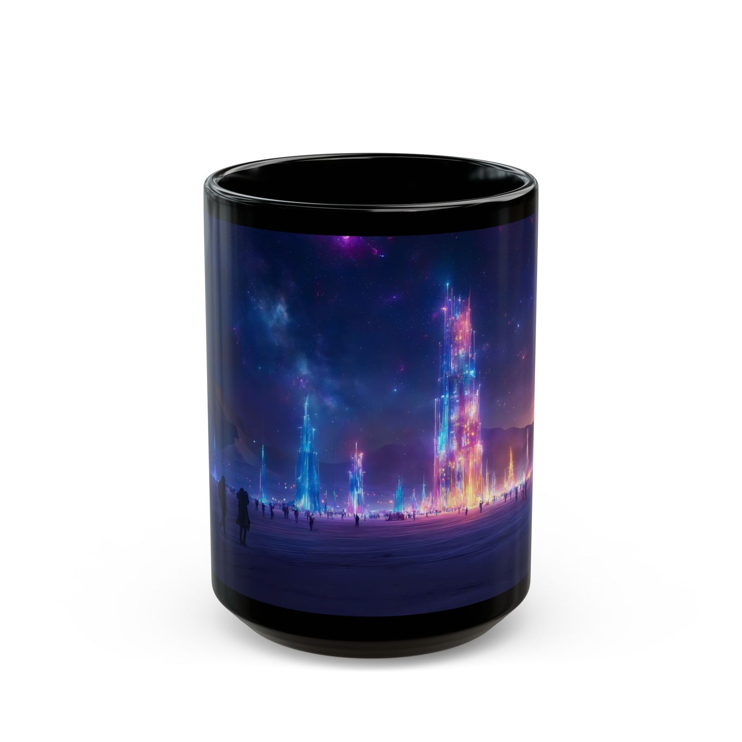 Cosmic Spire Sanctuary Black Mug – Neon Nebula Dreamscape