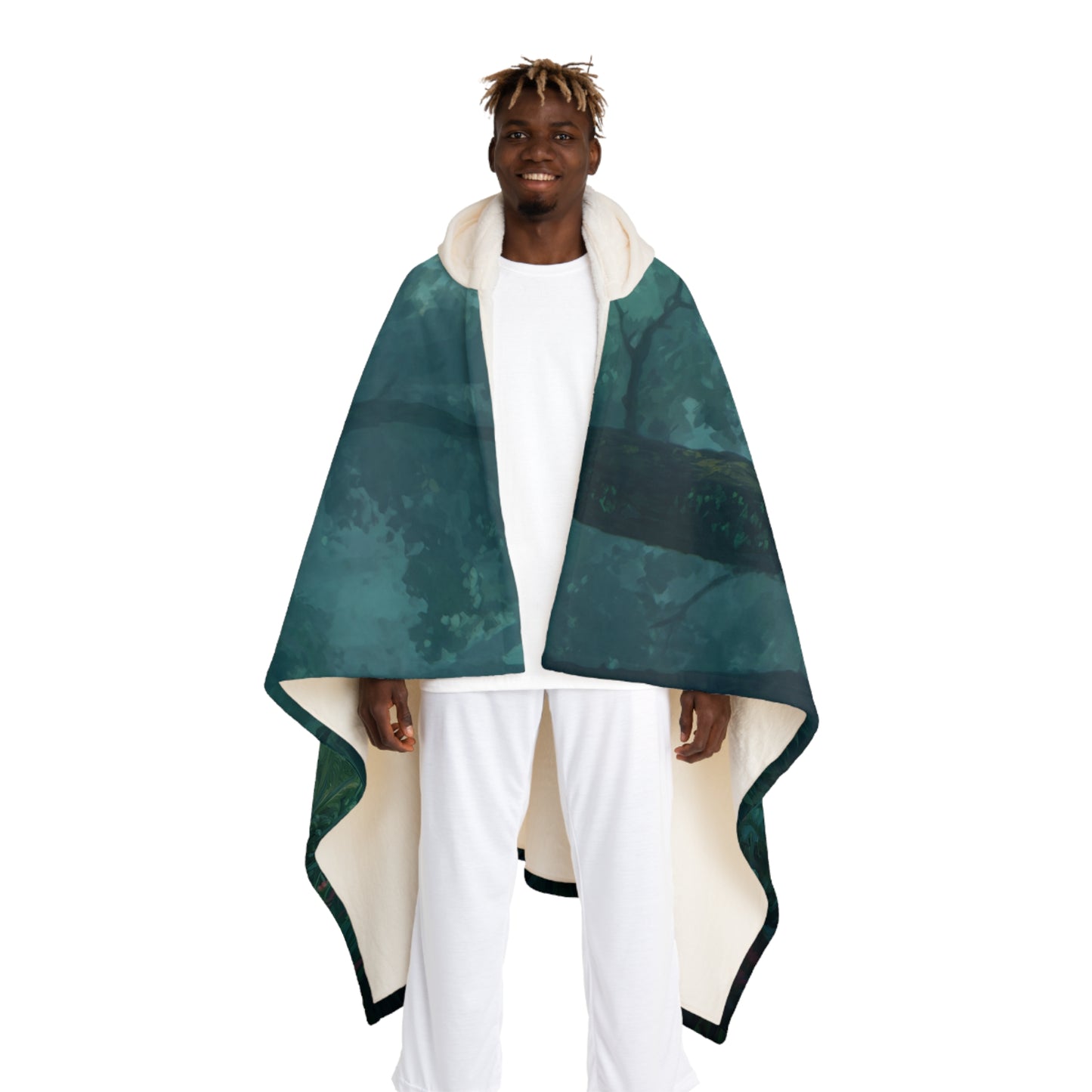 Forest Sentinel Hooded Sherpa Fleece Blanket – Emerald Guardian Resting in Misty Grove