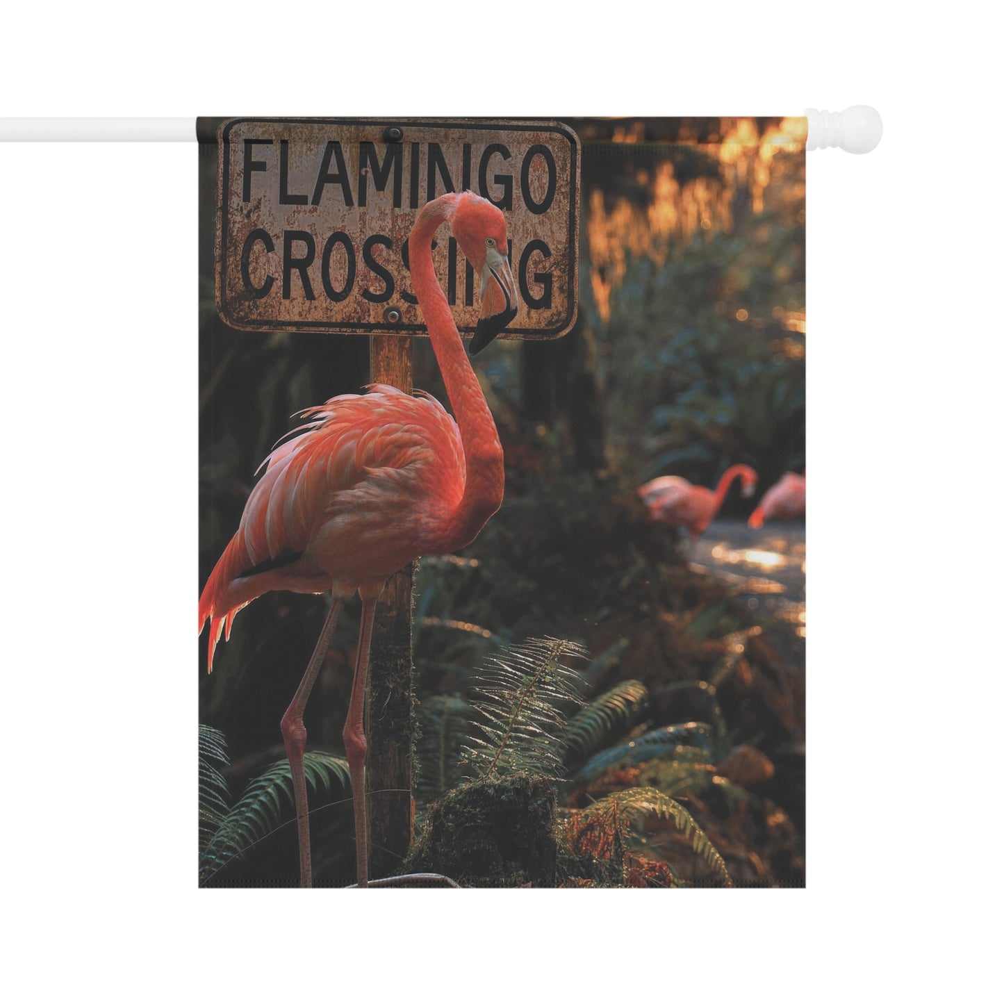 Flamingo Crossing Sign Garden Flag - Tropical Wildlife Art