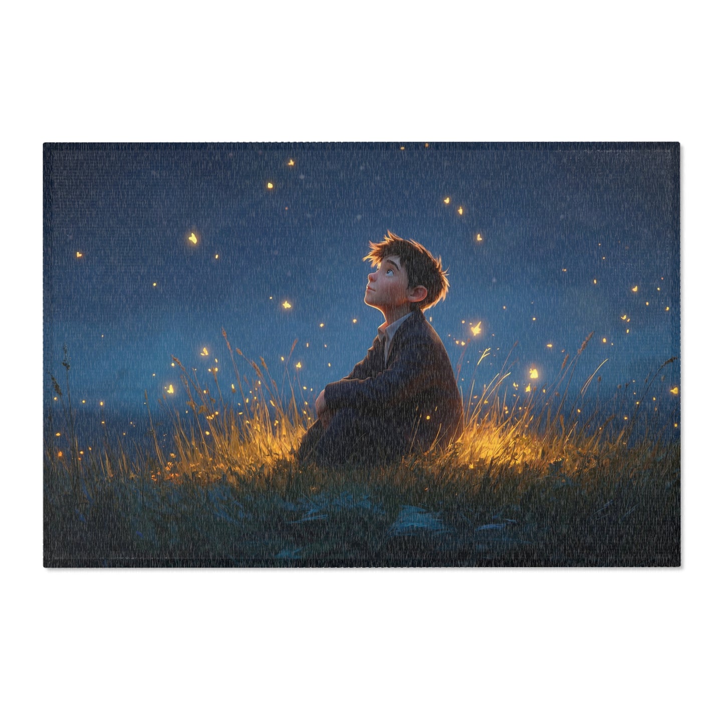 Boy Among Fireflies Area Rug – Twilight Meadow Whispers