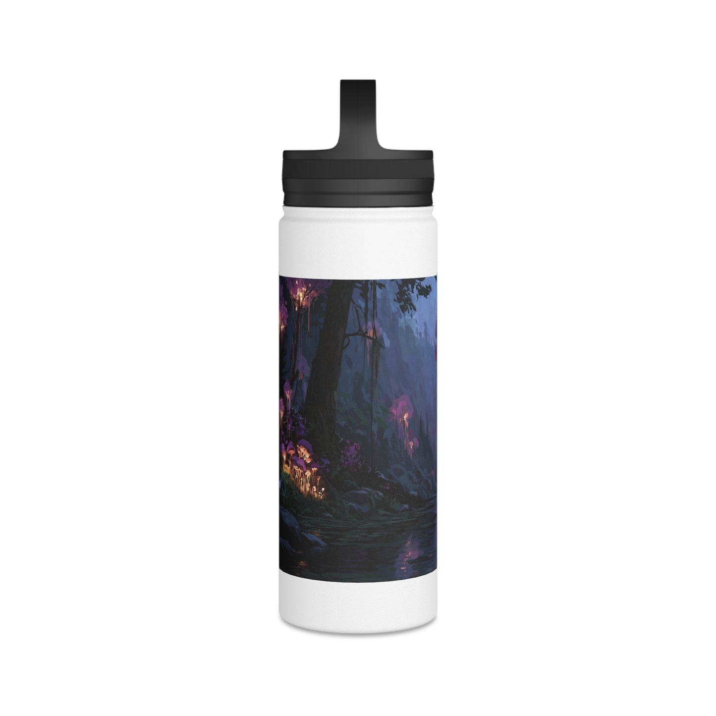Bioluminescent Grove Stainless Steel Water Bottle, Handle Lid – Twilight’s Whispering Waterscape