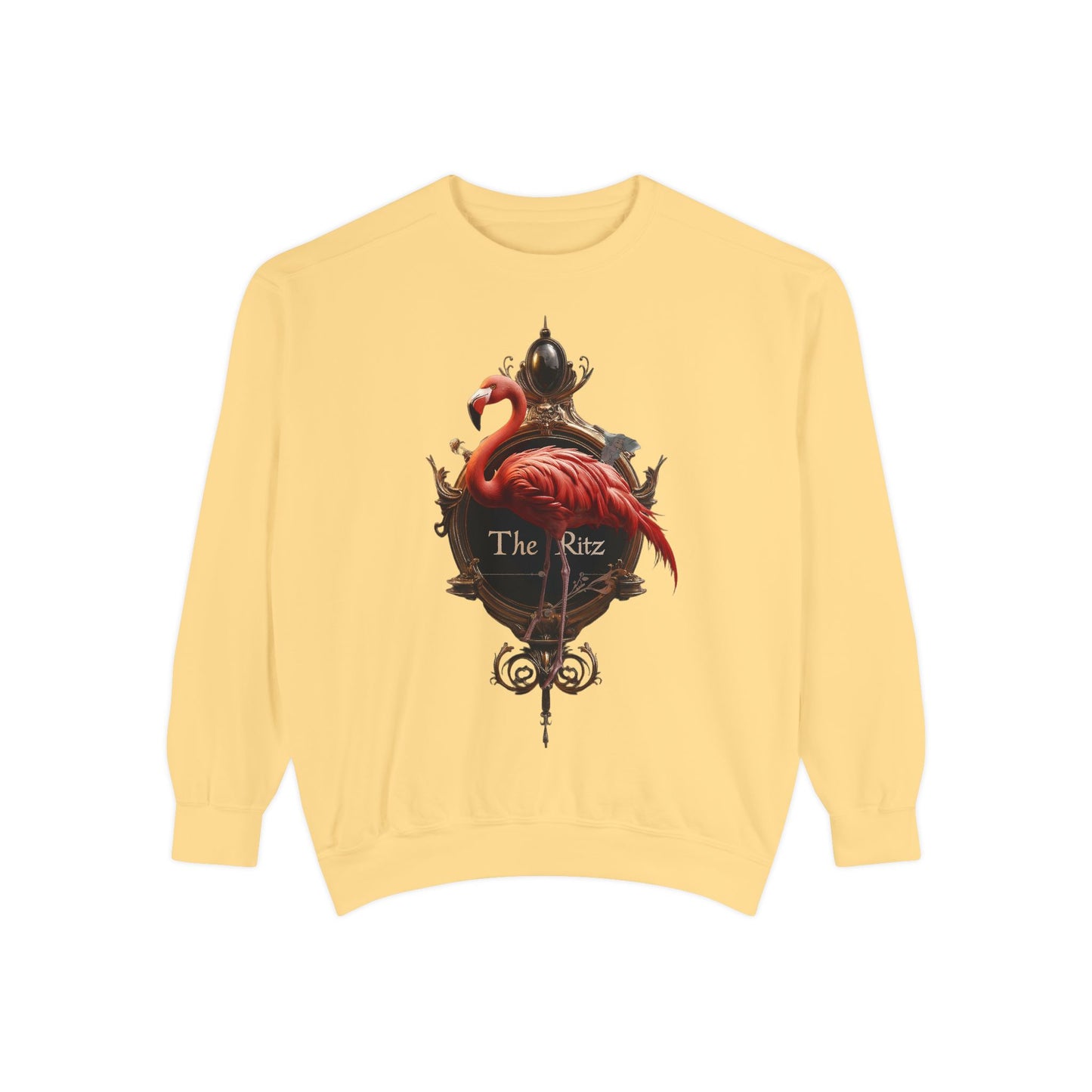 Ritz Flamingo Unisex Garment-Dyed Sweatshirt – Brass Ornate Crest with Pink Bird