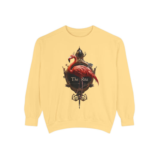 Ritz Flamingo Unisex Garment-Dyed Sweatshirt – Brass Ornate Crest with Pink Bird