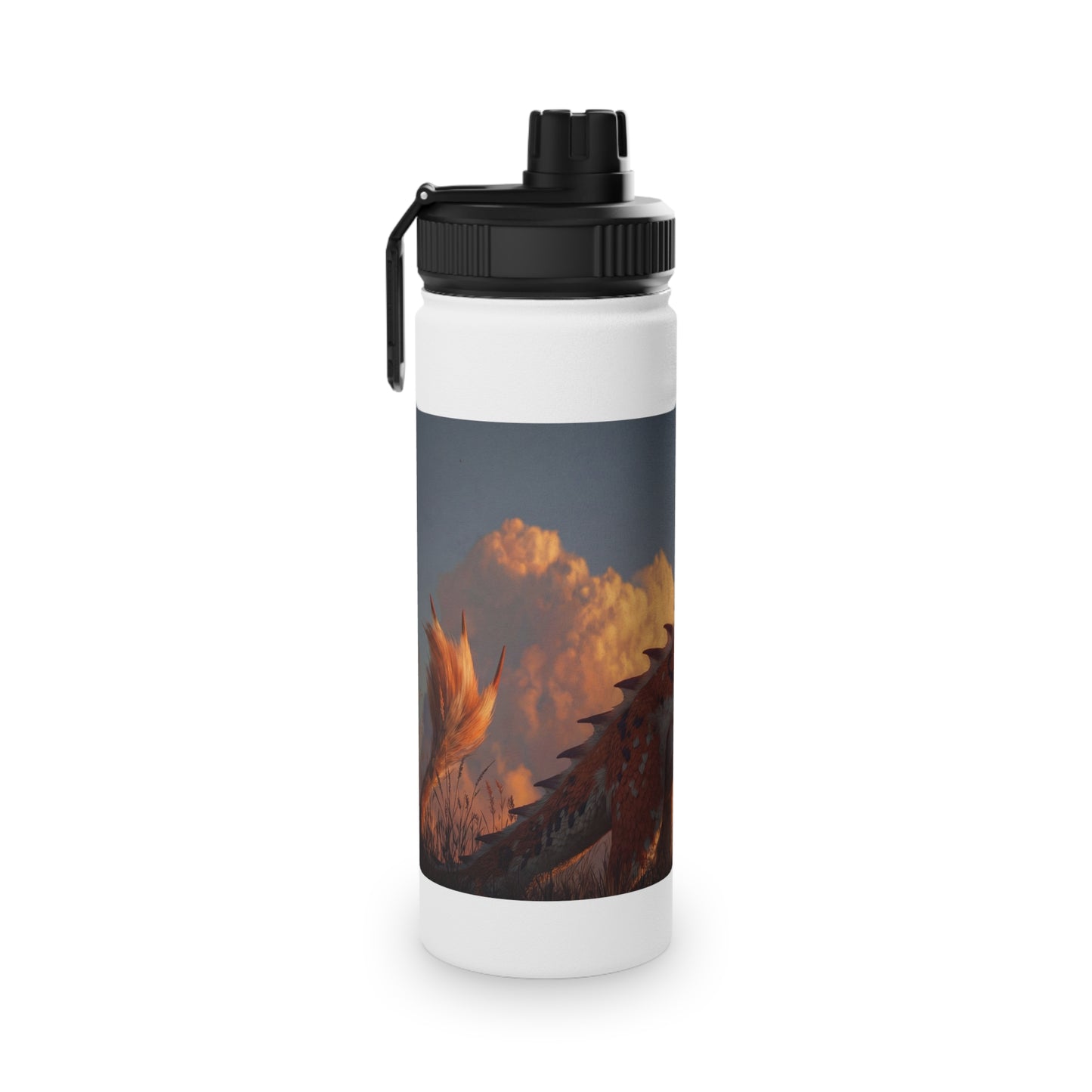 Sunset Sentinel Dragon Stainless Steel Water Bottle, Sports Lid – Amber Scale Horizon