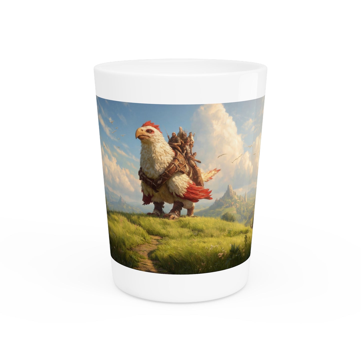 Skybound Eagle Rider Shot Glass – Crested Avian Sentinel on Sunlit Ridge