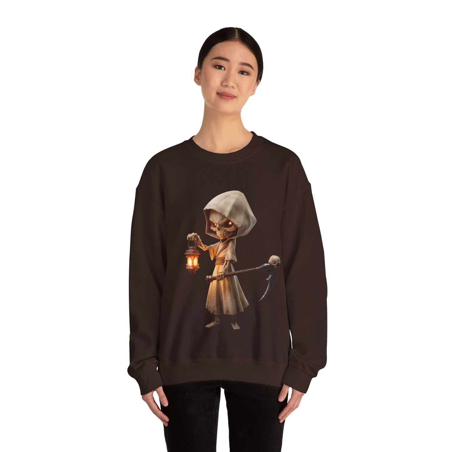 Lantern-Bearing Grim Reaper Unisex Heavy Blend™ Crewneck Sweatshirt – Ember-Lit Sentinel with Scythe and Skull-Capped Blade