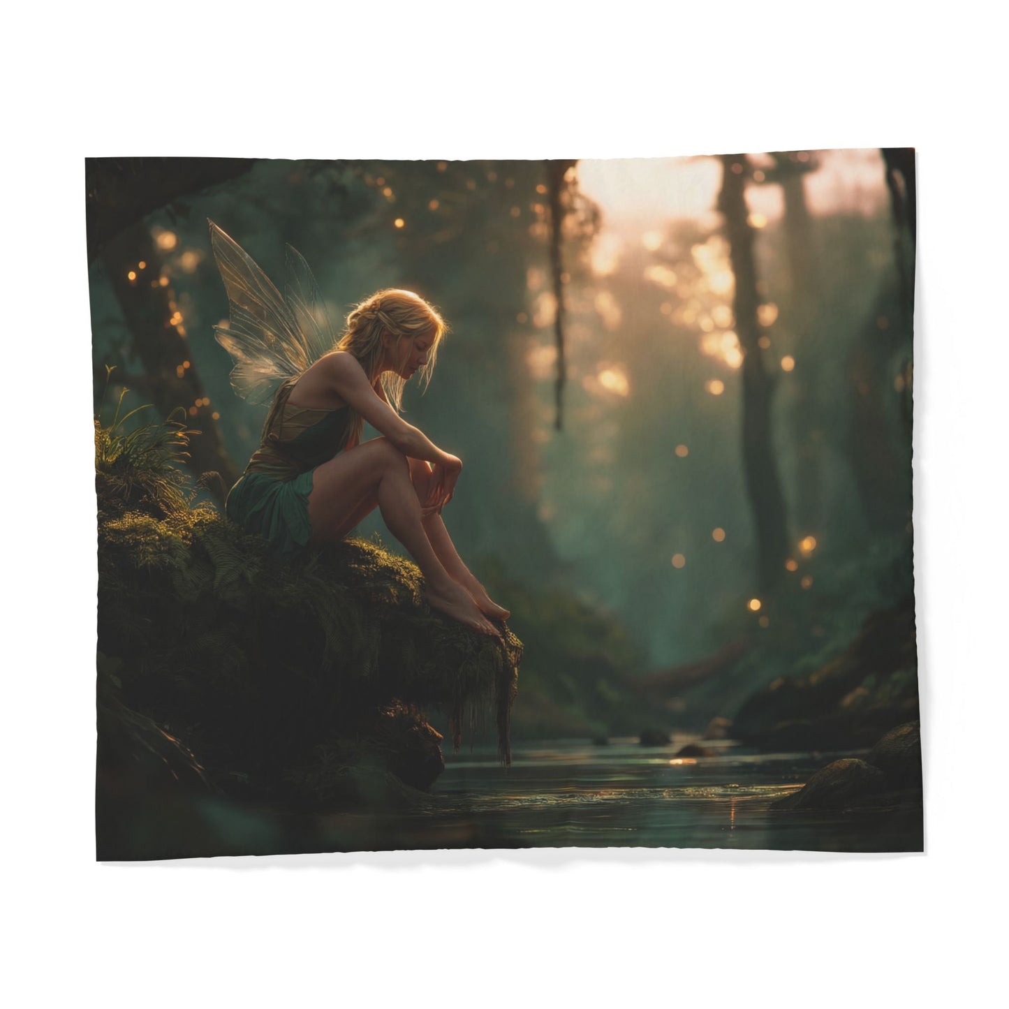 Forest Guardian Fairy Duvet Cover – Mossy Cliff Twilight Scene
