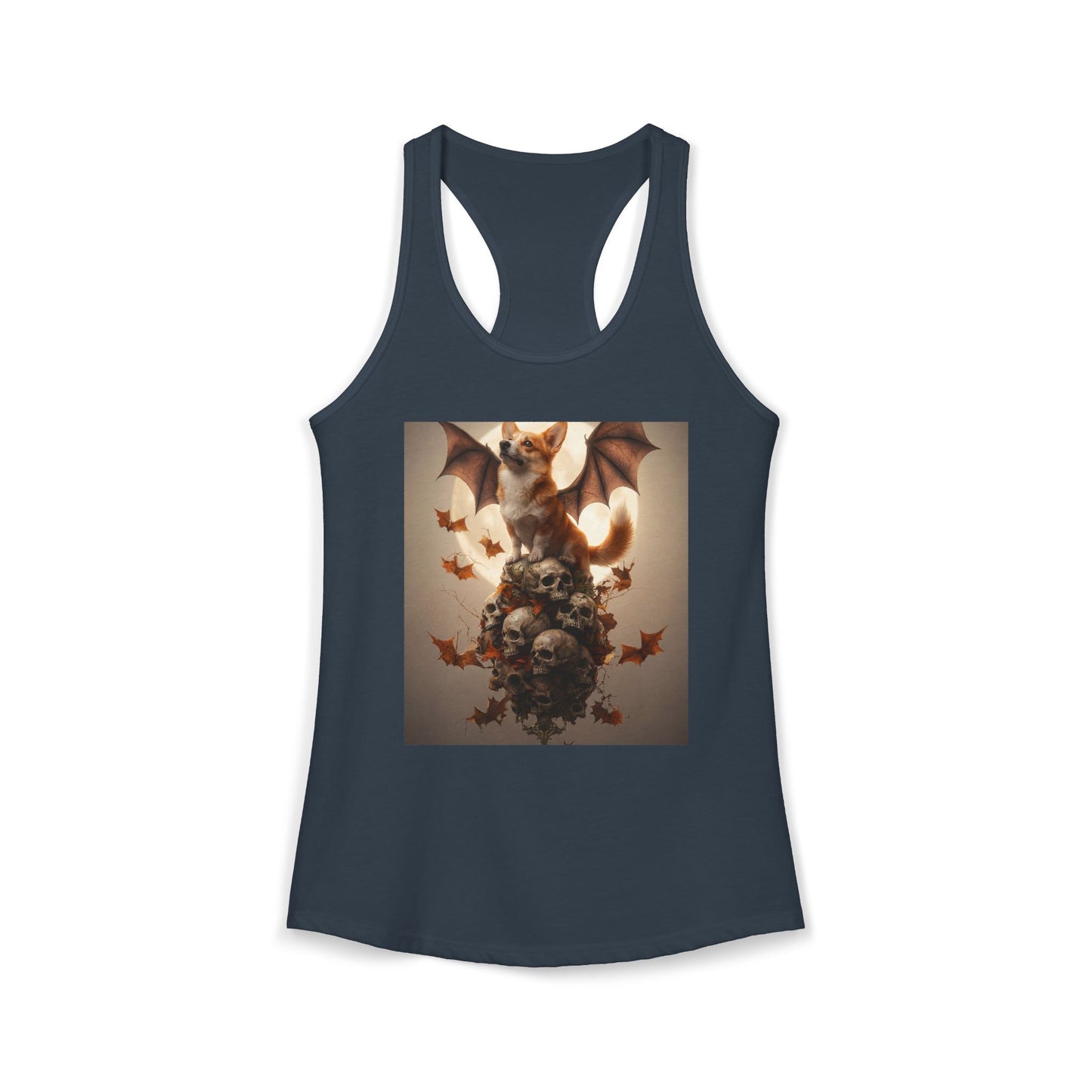 Batwing Corgi Skull Sentinel Tank – Pumpkin Moon Guardian Print