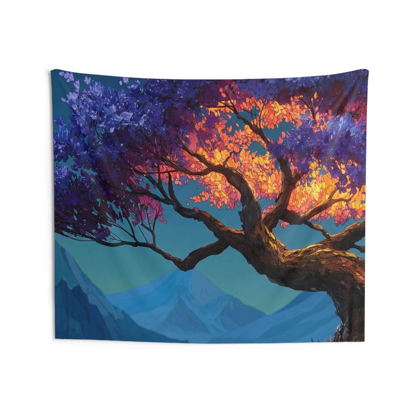 Celestial Tree Wall Tapestry – Twilight Bloom in Mountain Vale