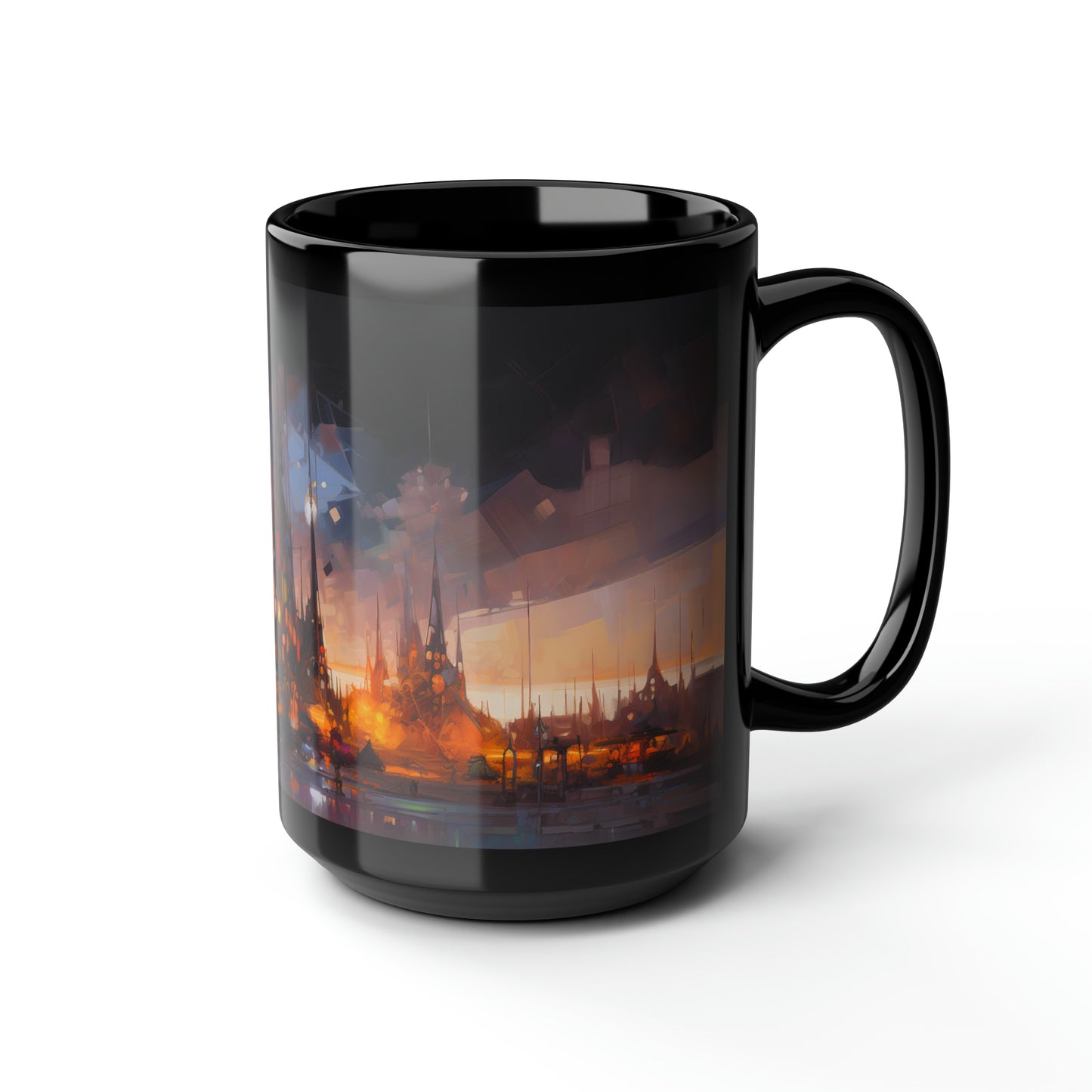 Oil painting of a captivating nocturnal landscape at Burning Man, featuring grand and imaginative art installations - Mug, Black