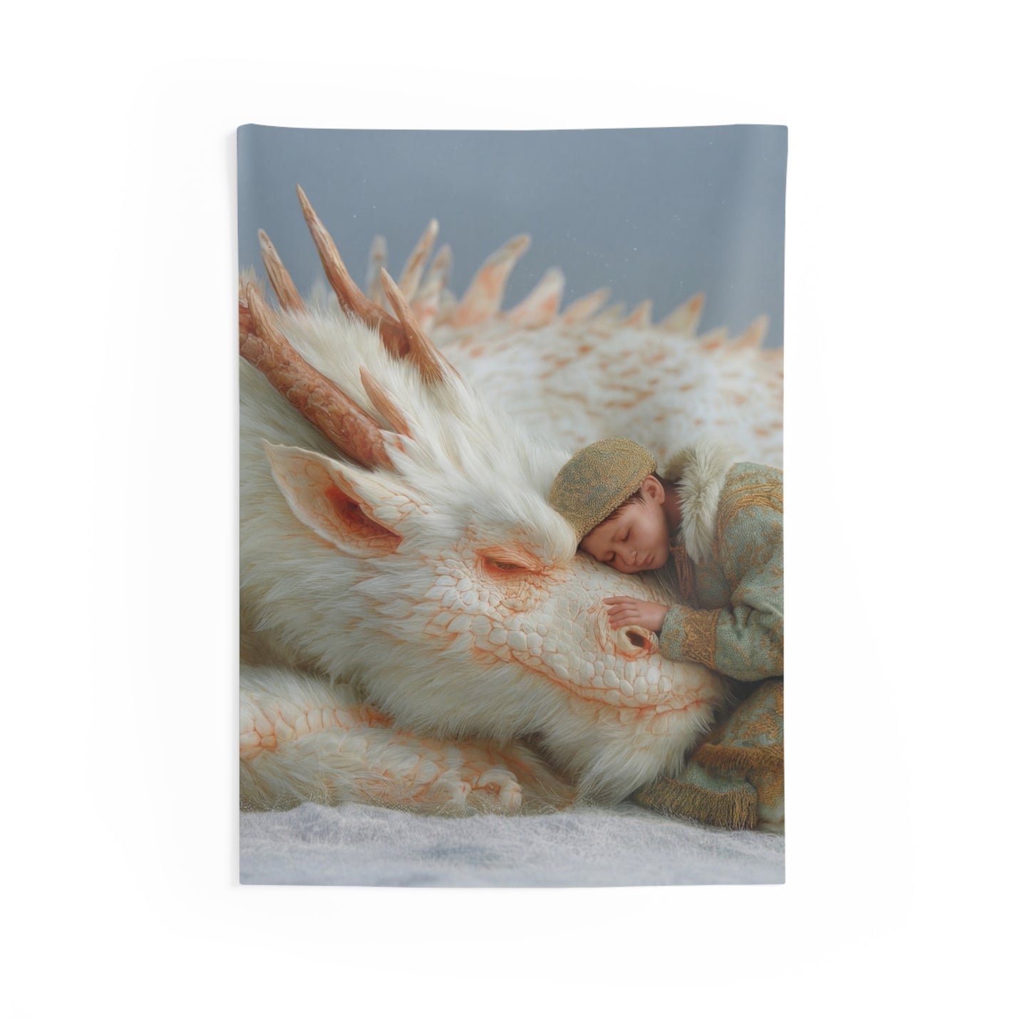 Child and White Dragon Indoor Wall Tapestries – Snowbound Serenity Dreamscape