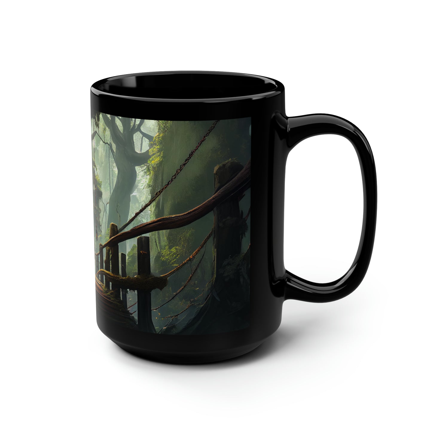 a dnd adventurer standing on a rope bridge between two giant trees among a treetop village in the forest - Mug, Black