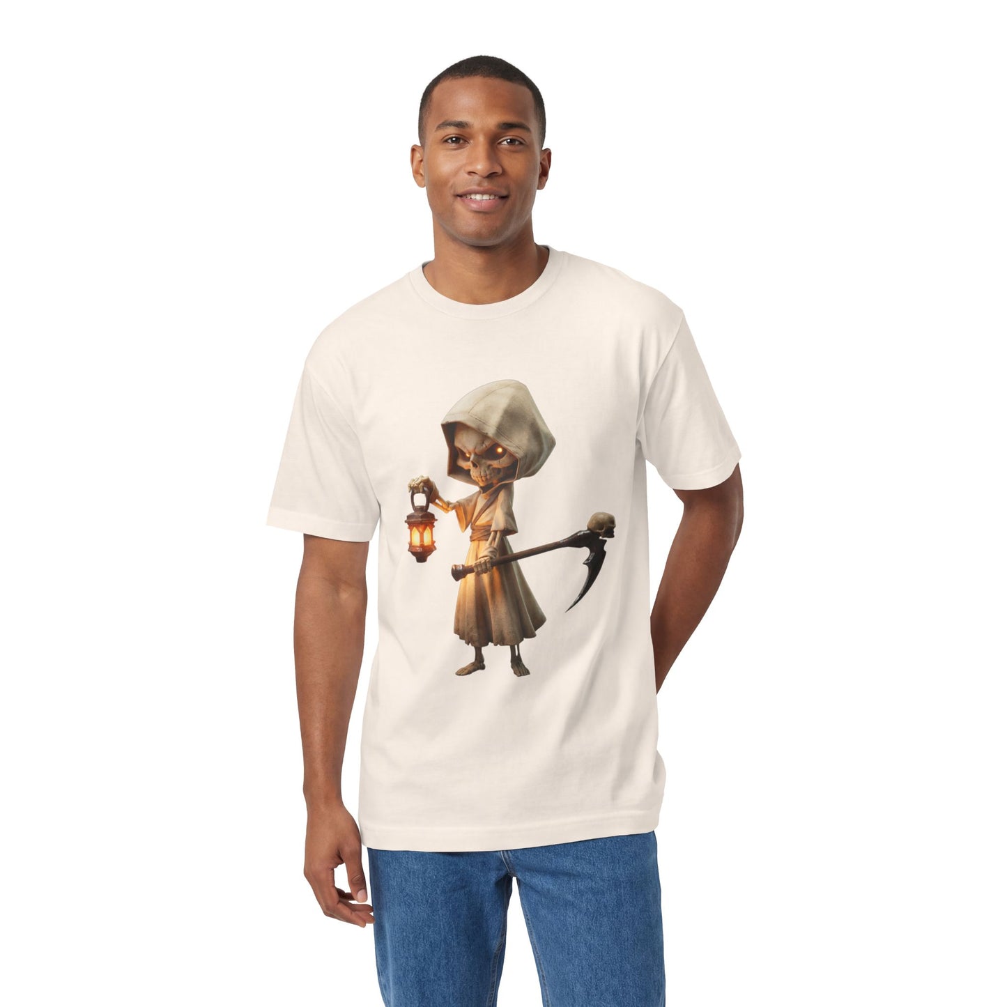 Lantern-Bearing Reaper Unisex Classic Tee – Hooded Guardian with Scythe