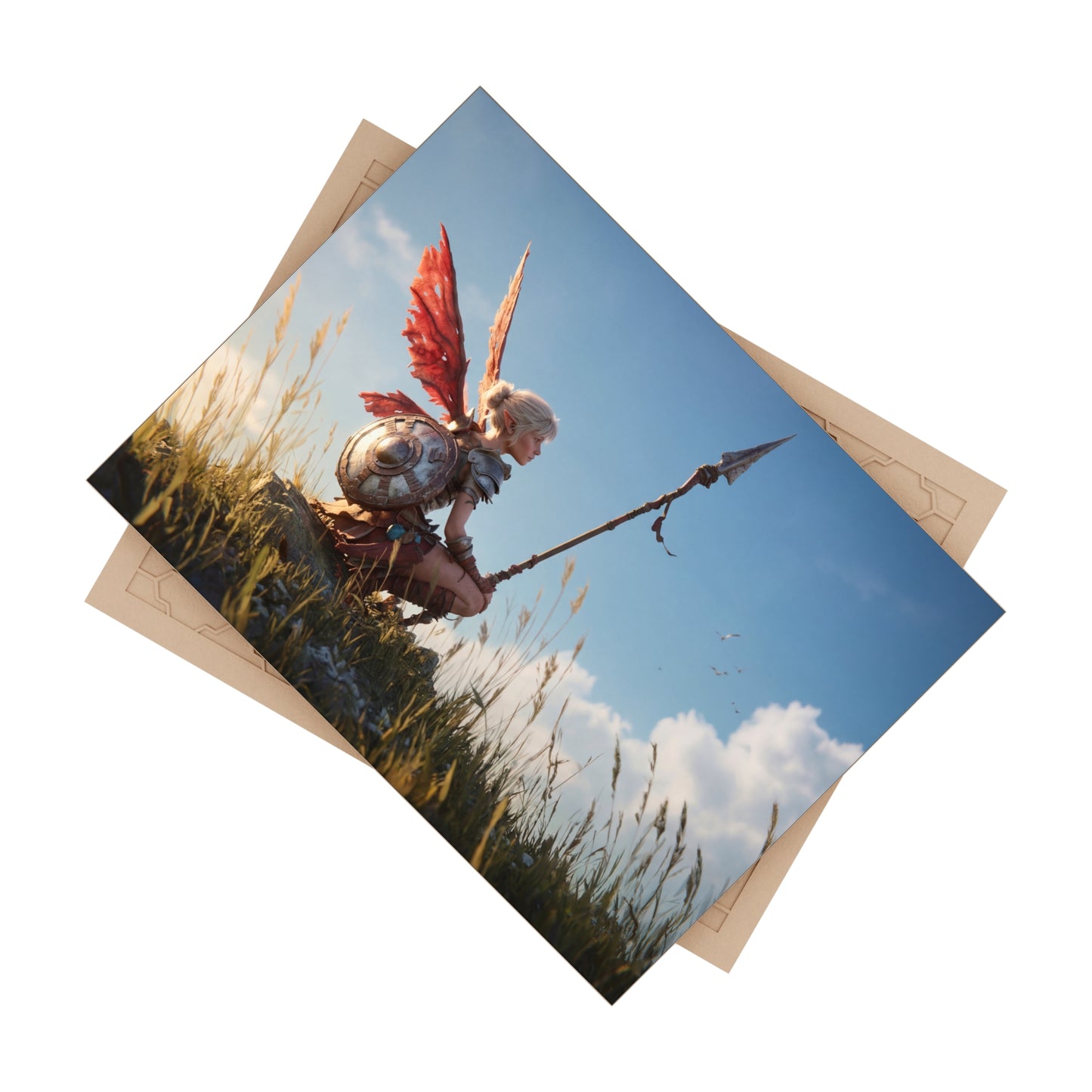 Warrior Angel in Sunset Grass Ceramic Photo Tile – Guardian of the Whispering Hills