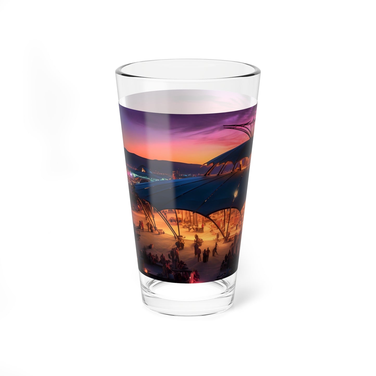 A magical aurora borealis illuminates the Burning Man festival, casting an ethereal glow on the diverse tapestry of human expression below.  - Mixing Glass, 16oz