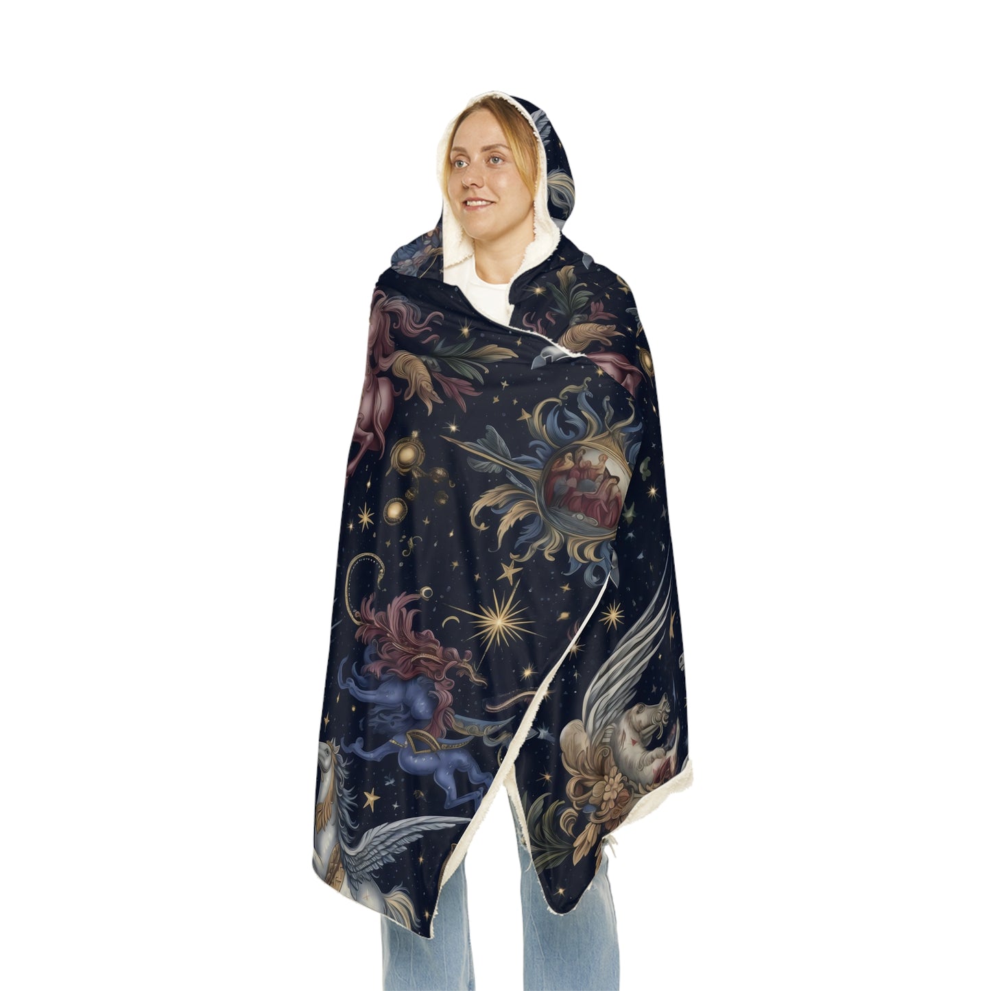 "A detailed pattern of mythical celestial creatures and constellations, such as Pegasus, Orion, and Cassiopeia, depicted in a tapestry of deep cobalt, rich burgundy, and luminous silver." -  Snuggle Blanket