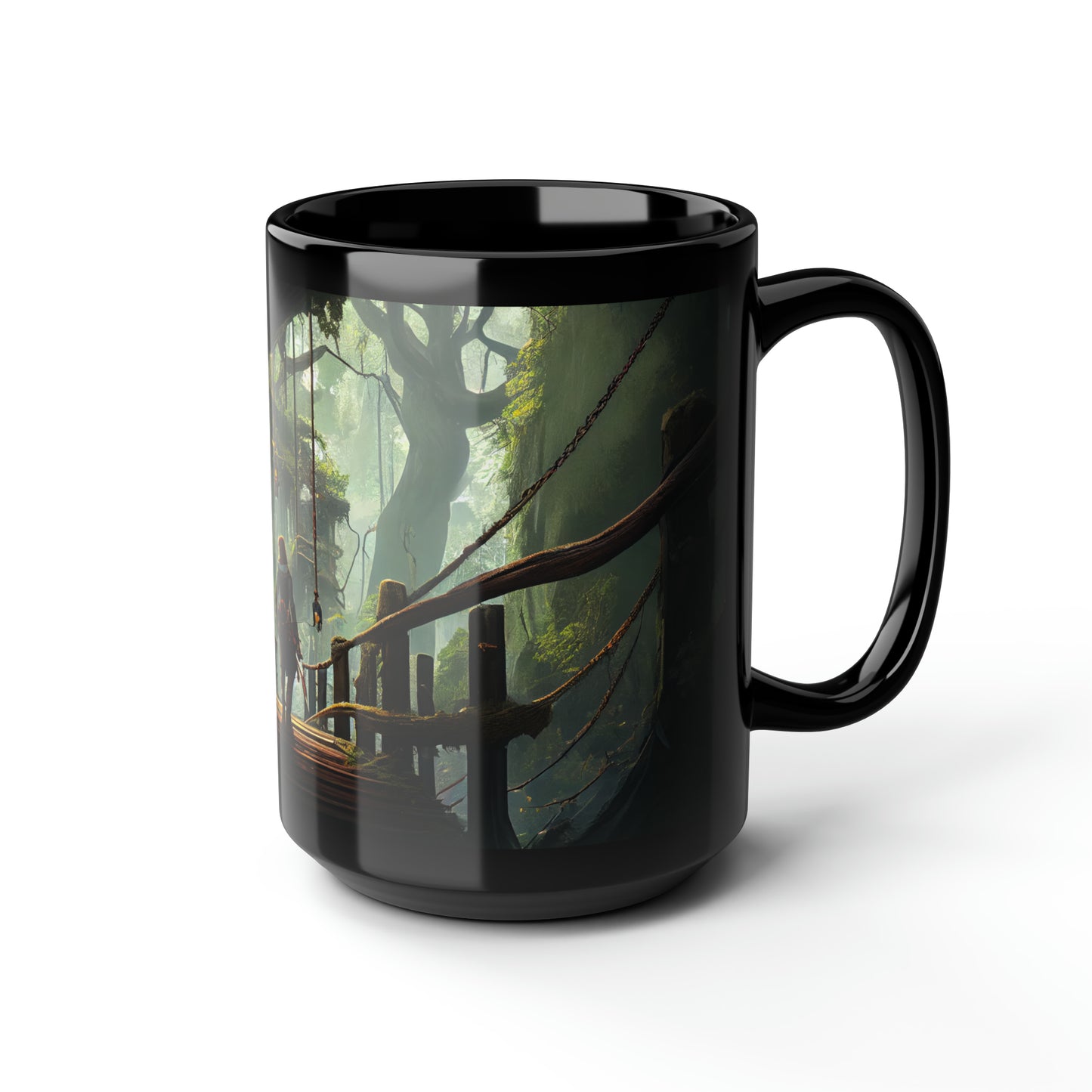 a dnd adventurer standing on a rope bridge between two giant trees among a treetop village in the forest - Mug, Black