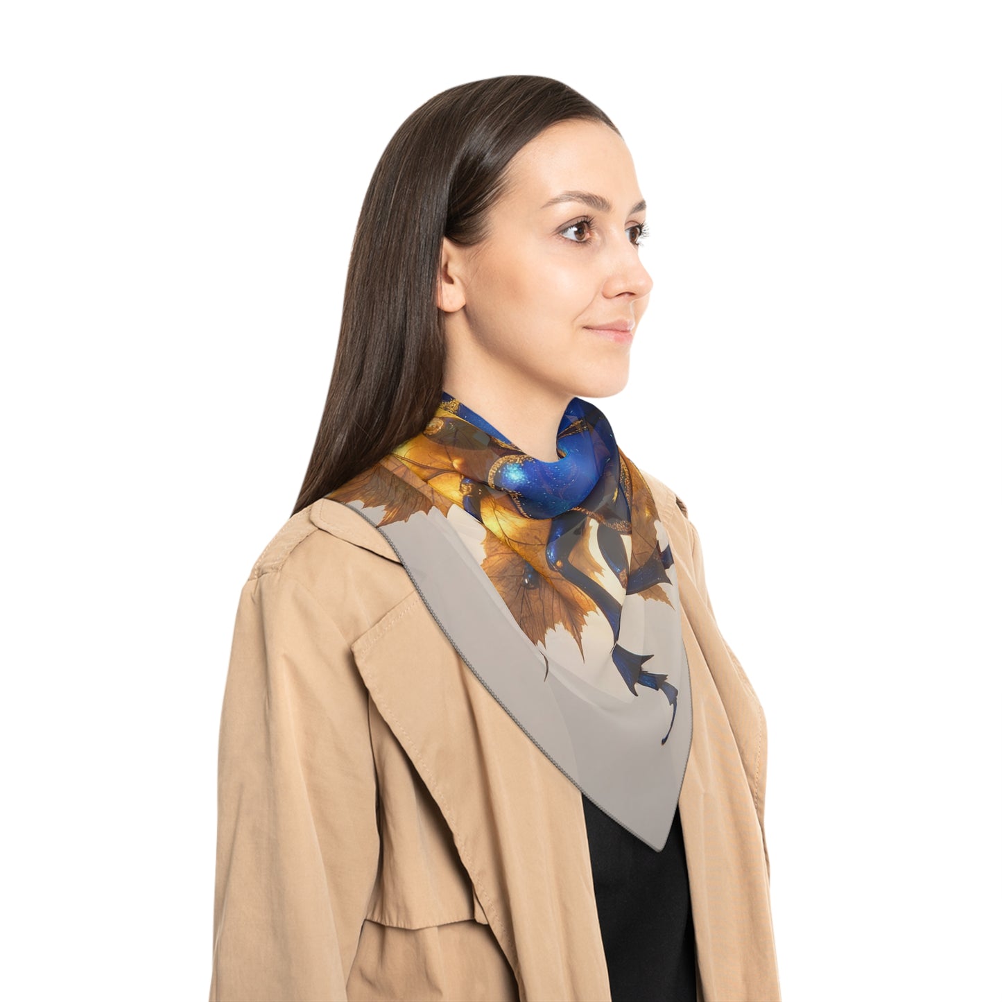 Celestial Beetle Poly Scarf – Starlit Blue and Golden Leaf Dream