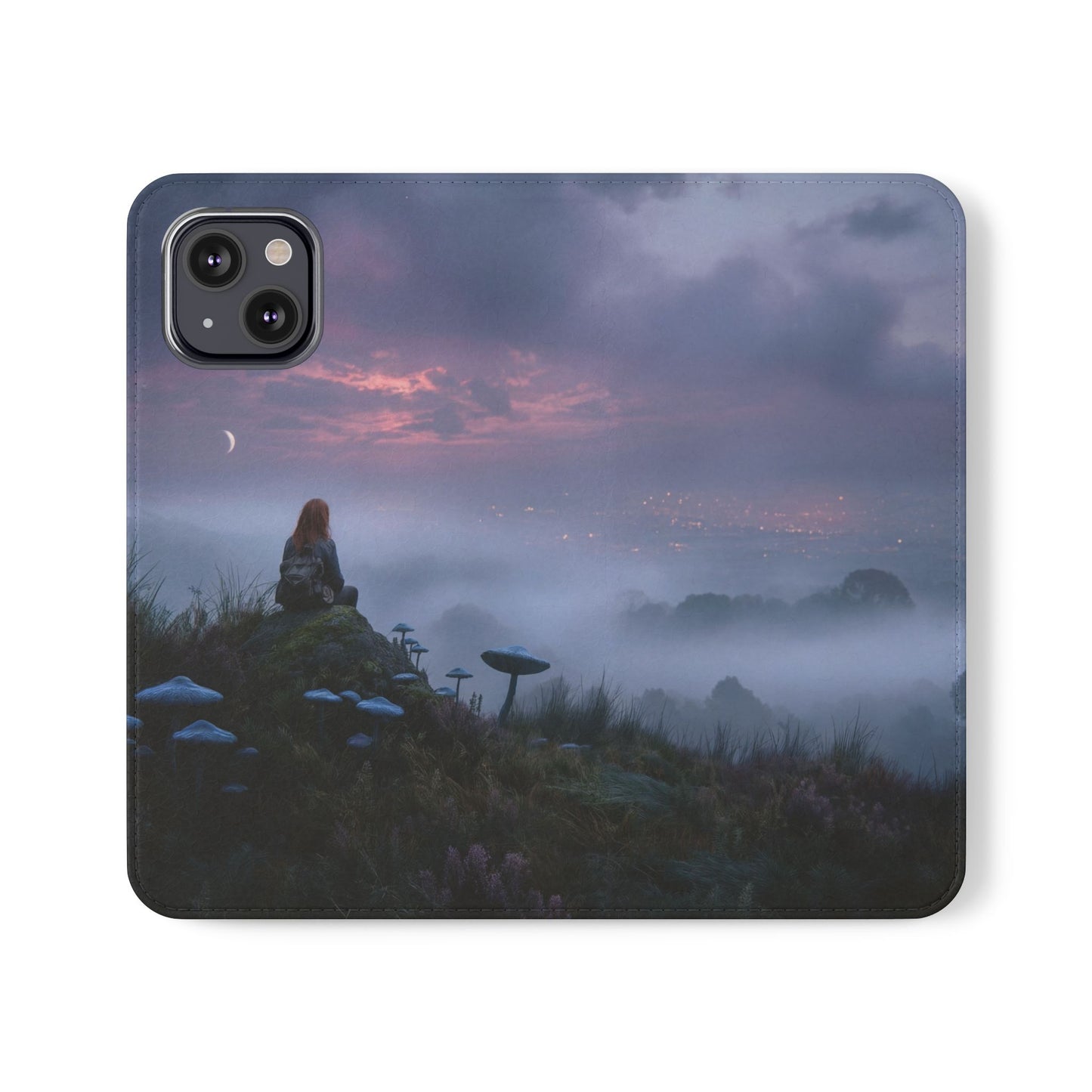 Misty Hilltop Flip Cases – Red-Haired Wanderer at Twilight