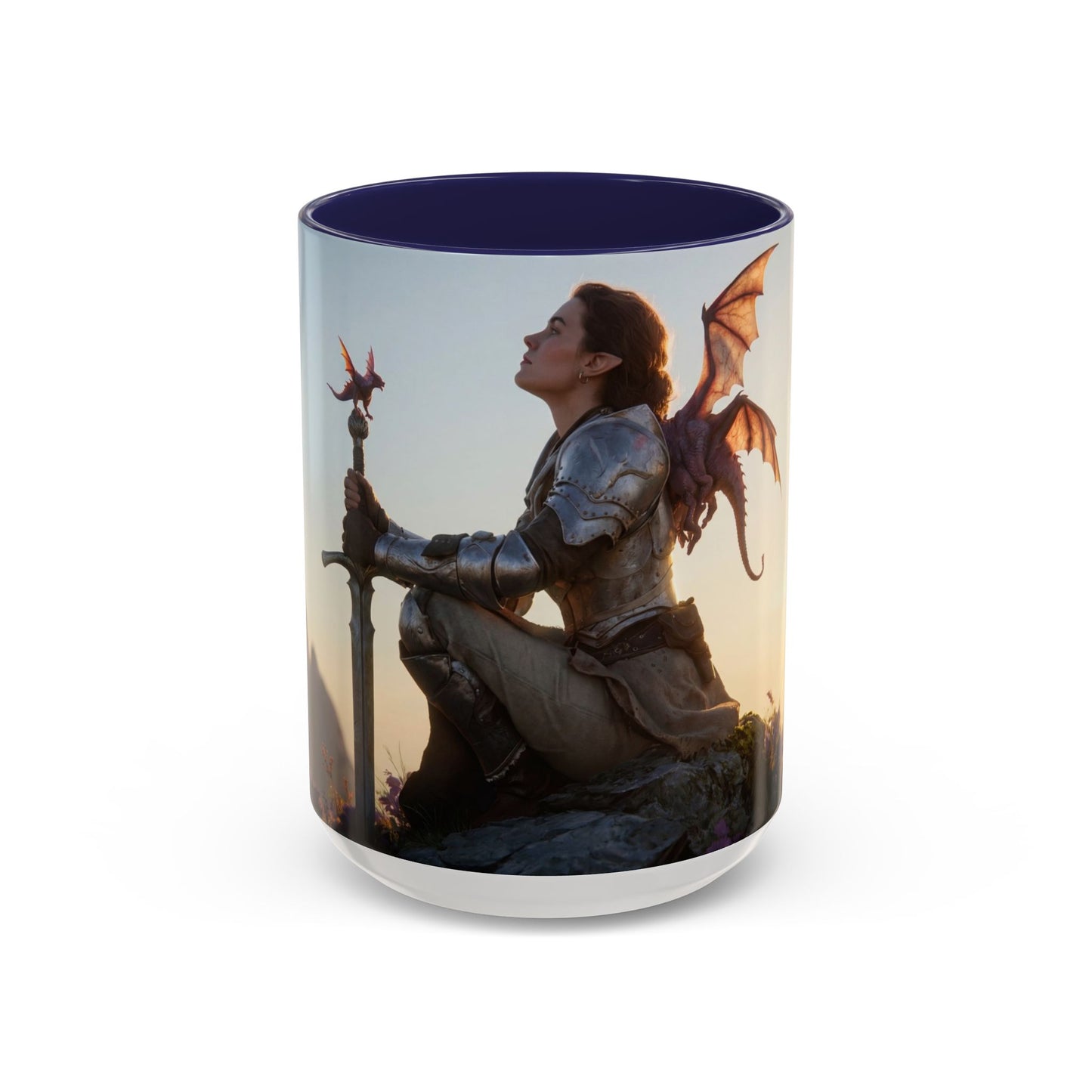 Dragon Rider at Dawn Accent Coffee Mug (11, 15oz) – Sunset Sentinel and Whispering Scale