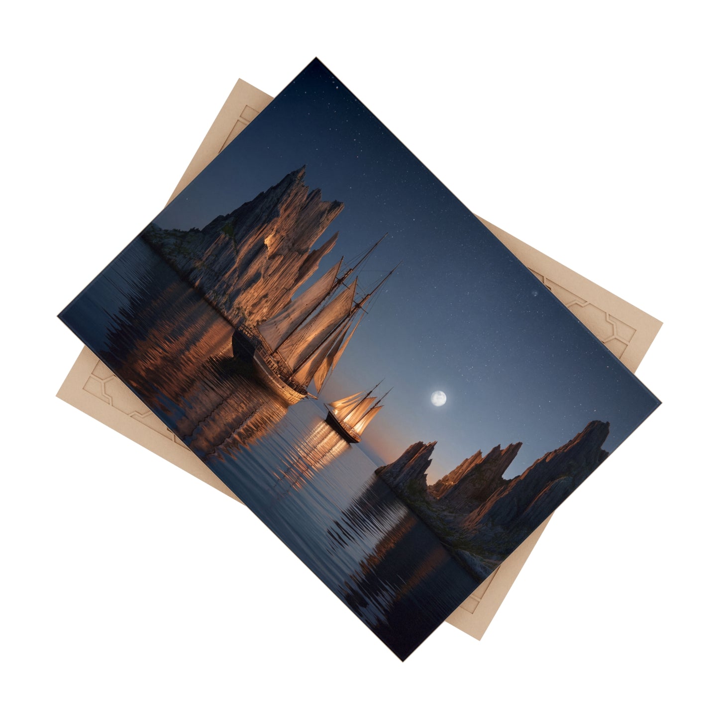 Moonlit Sailors Ceramic Photo Tile – Voyage Between Jagged Peaks