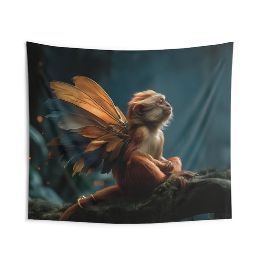 Winged Monkey Guardian Tapestry – Amber and Azure Forest Sentinel