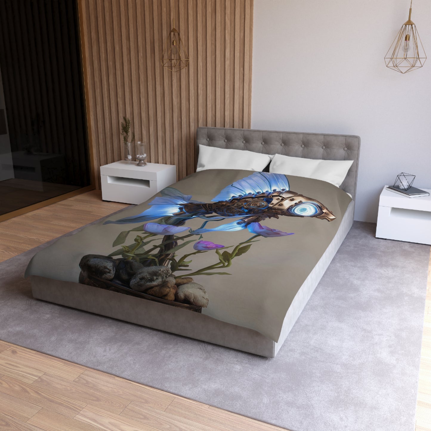 Steampunk Fish Microfiber Duvet Cover – Luminescent Gear & Petal Dreamscape