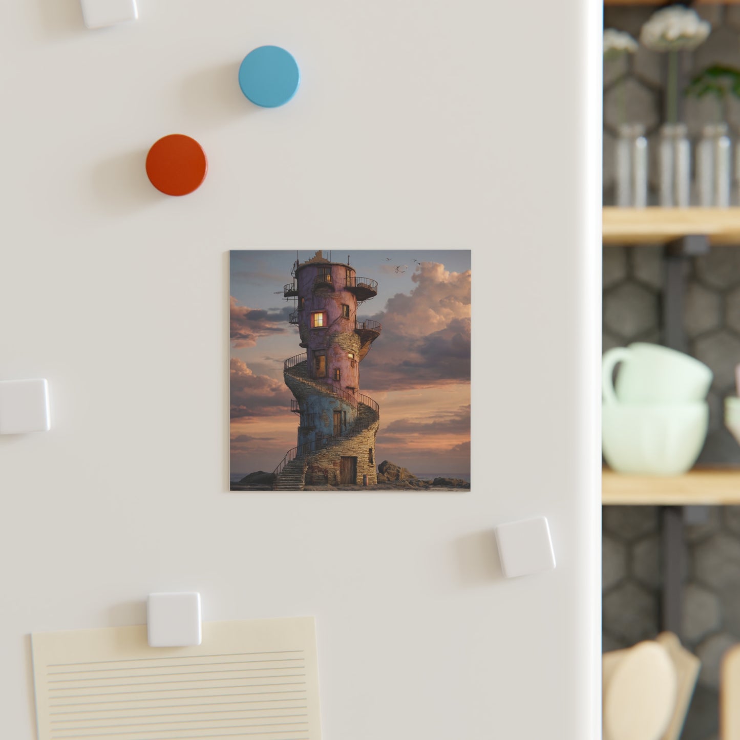 Coastal Lighthouse Tower Magnet – Sunset Sentinel on Rocky Shore
