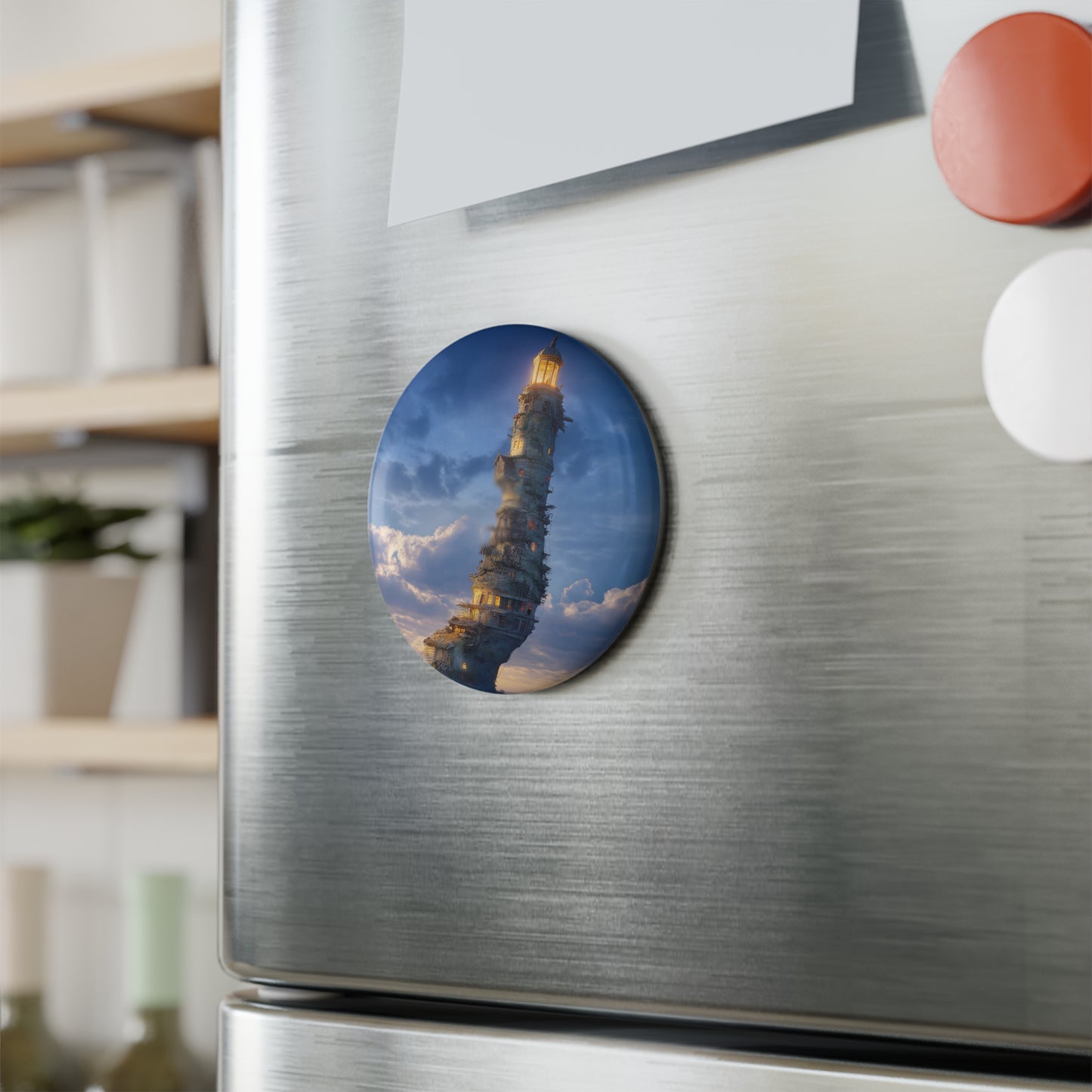 Skyborne Lighthouse Button Magnet, Round (1 & 10 pcs) – A Tower of Warmth Against the Azure
