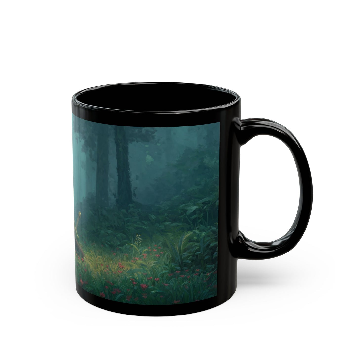 Forest Sentinel Black Mug – Misty Grove Guardian Dreamscape