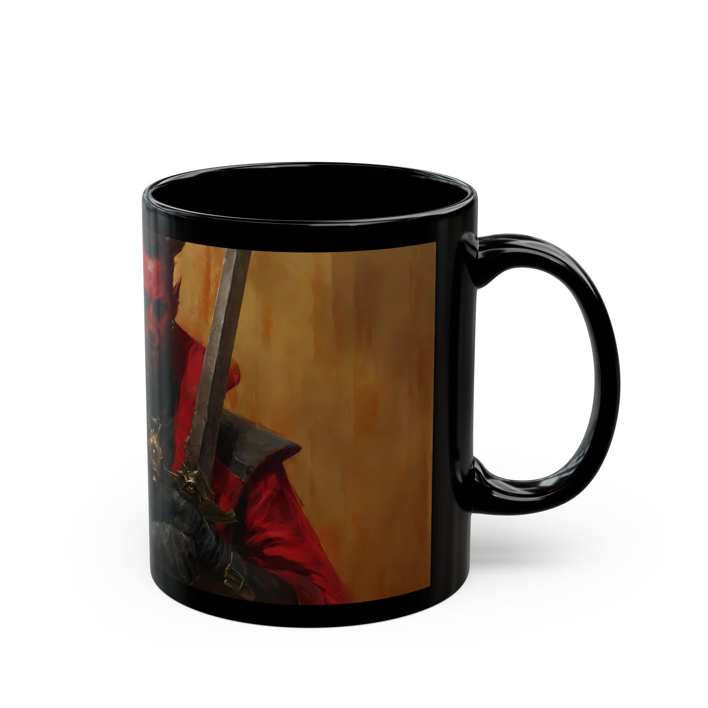 Crimson Demon Warrior Black Mug – Regal Blade and Fiery Resolve