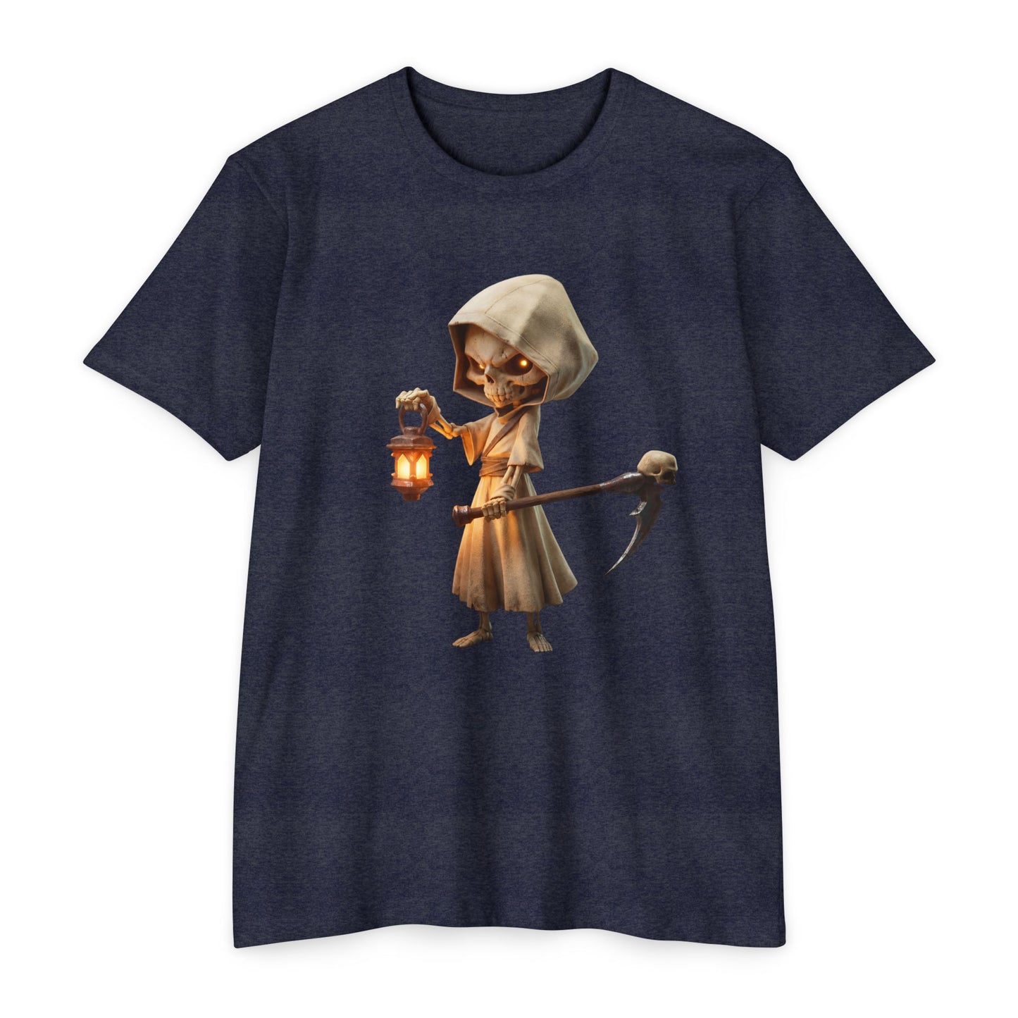 Lantern-Bearing Grim Reaper T-shirt – Hooded Sentinel with Scythe