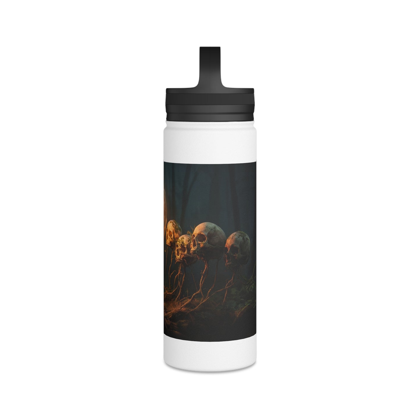 Glowing Lightbulb in Haunted Forest Stainless Steel Water Bottle, Handle Lid – Illuminated Wisdom Amidst the Roots