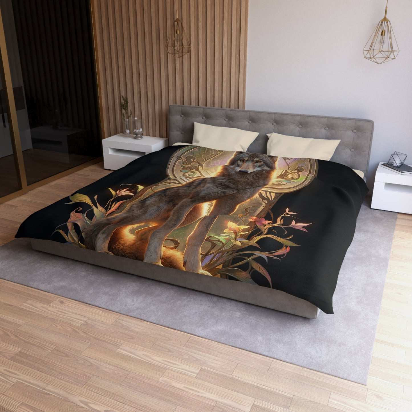 Regal Wolf Throne Duvet Cover – Golden Light Through Art Nouveau Arch