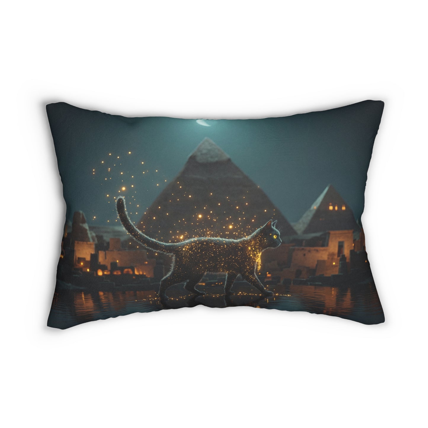 Starlit Cat Lumbar Pillow – Ancient Egypt Nightscape with Glowing Feline