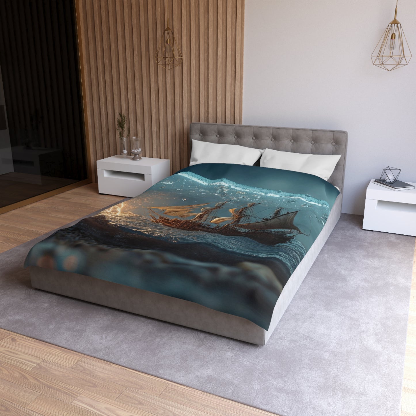 Storm-Sailed Ship in Bottle Microfiber Duvet Cover – Pocketed Ocean Dreamscape