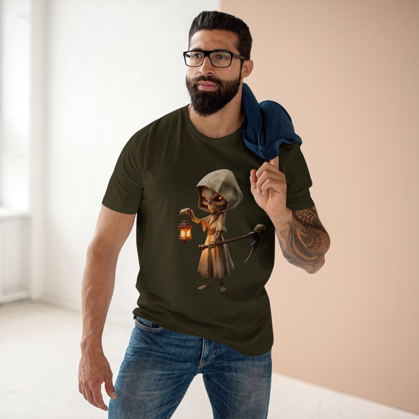 Lantern Skeleton Sentinel Adult Staple Tee – Candlelit Guardian Journey