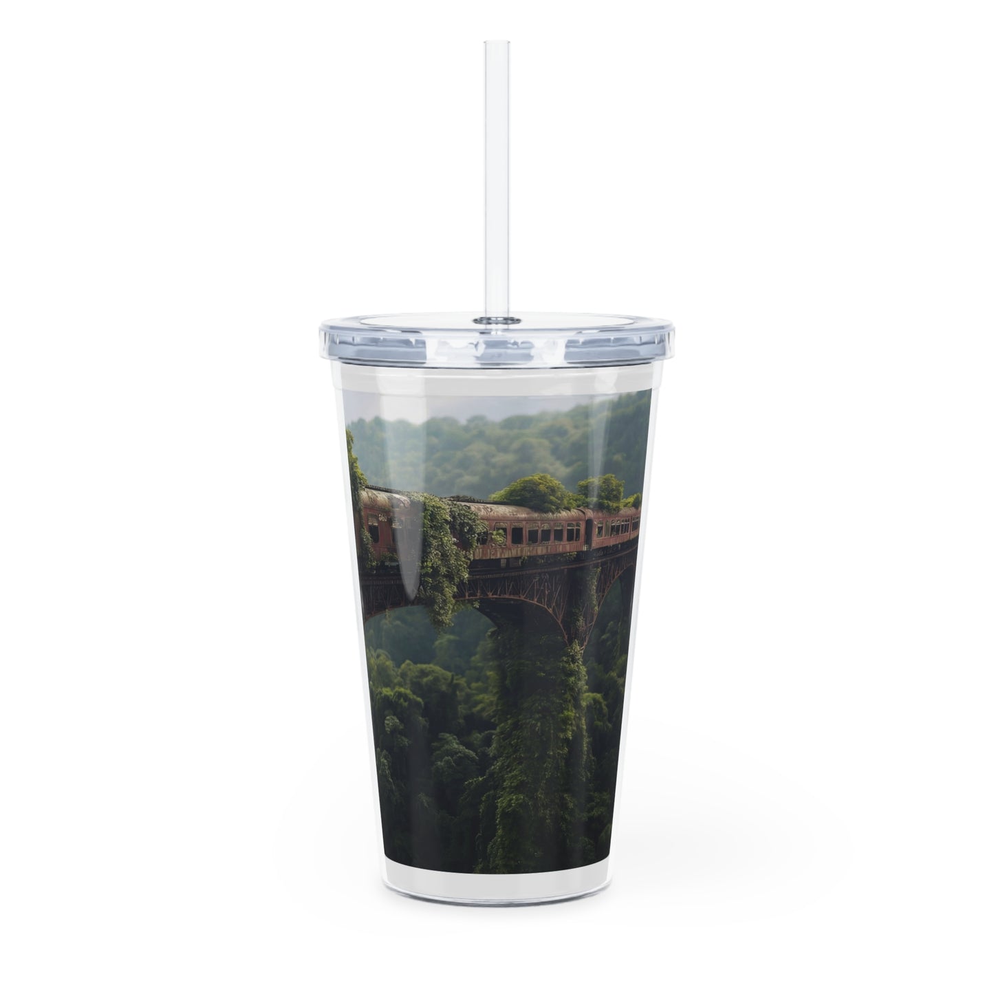 Overgrown Train Bridge Tumbler with Straw – Where Nature Reclaims the Rails