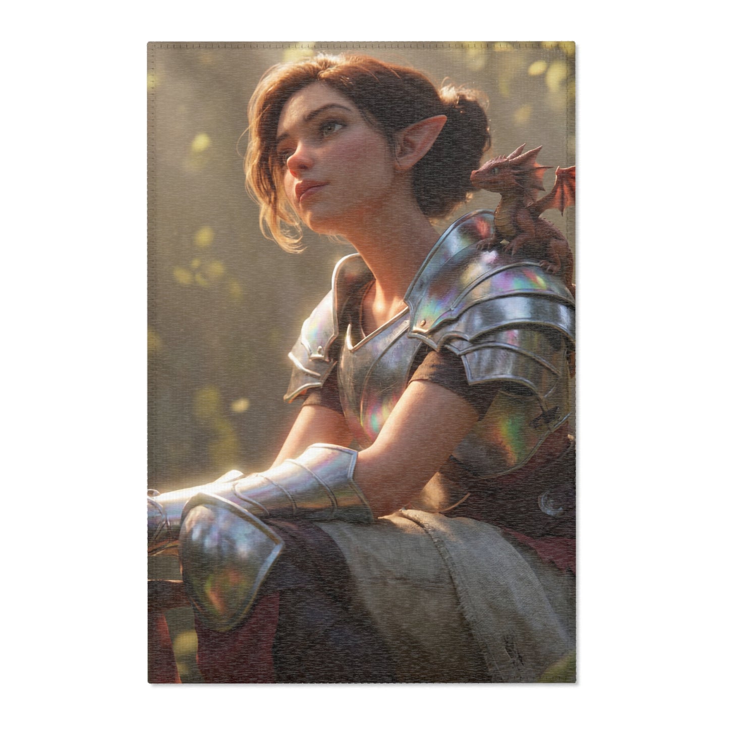 Elf Knight with Dragon Companion Area Rugs – Sunlit Forest Sanctuary