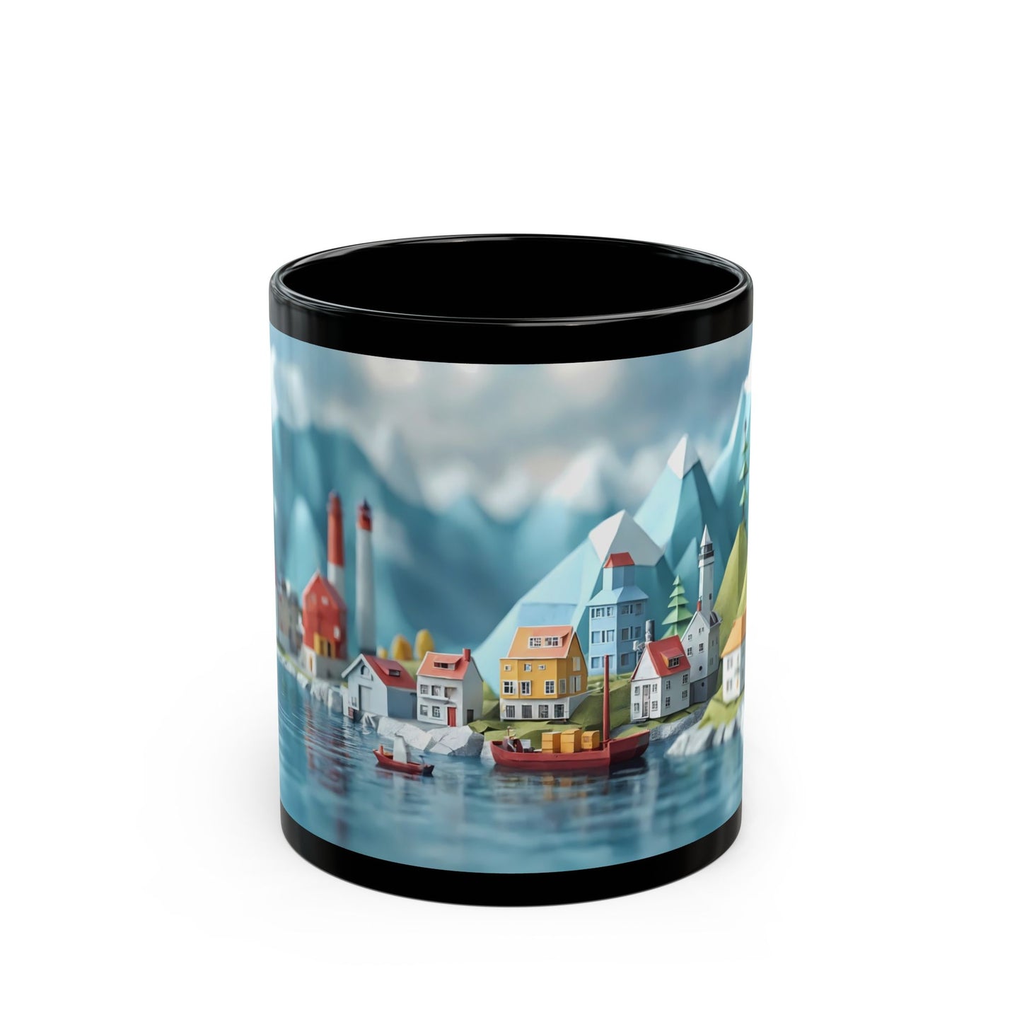 Alpine Harbor Black Mug – Snow-Capped Peaks & Harbor Life