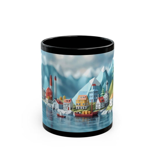Alpine Harbor Black Mug – Snow-Capped Peaks & Harbor Life