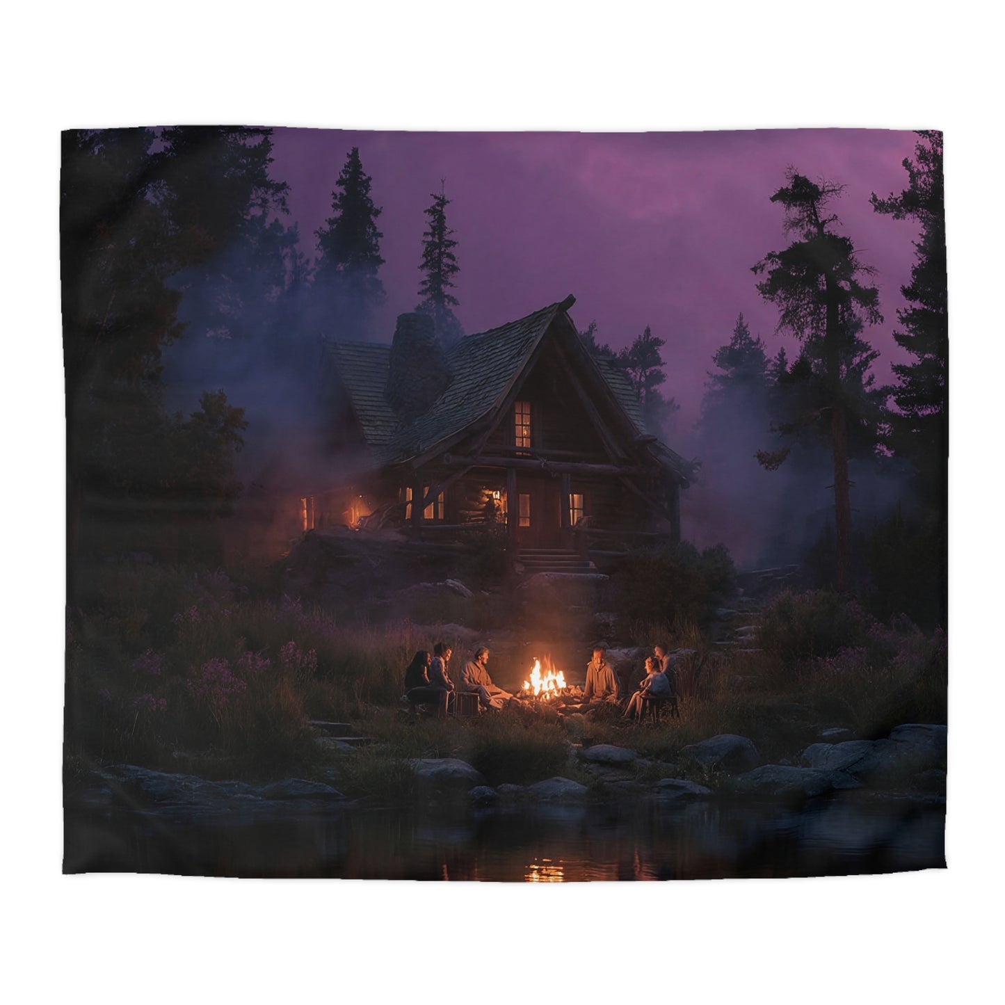 Whispering Pines Cabin Duvet Cover – Twilight Firelight Gathering