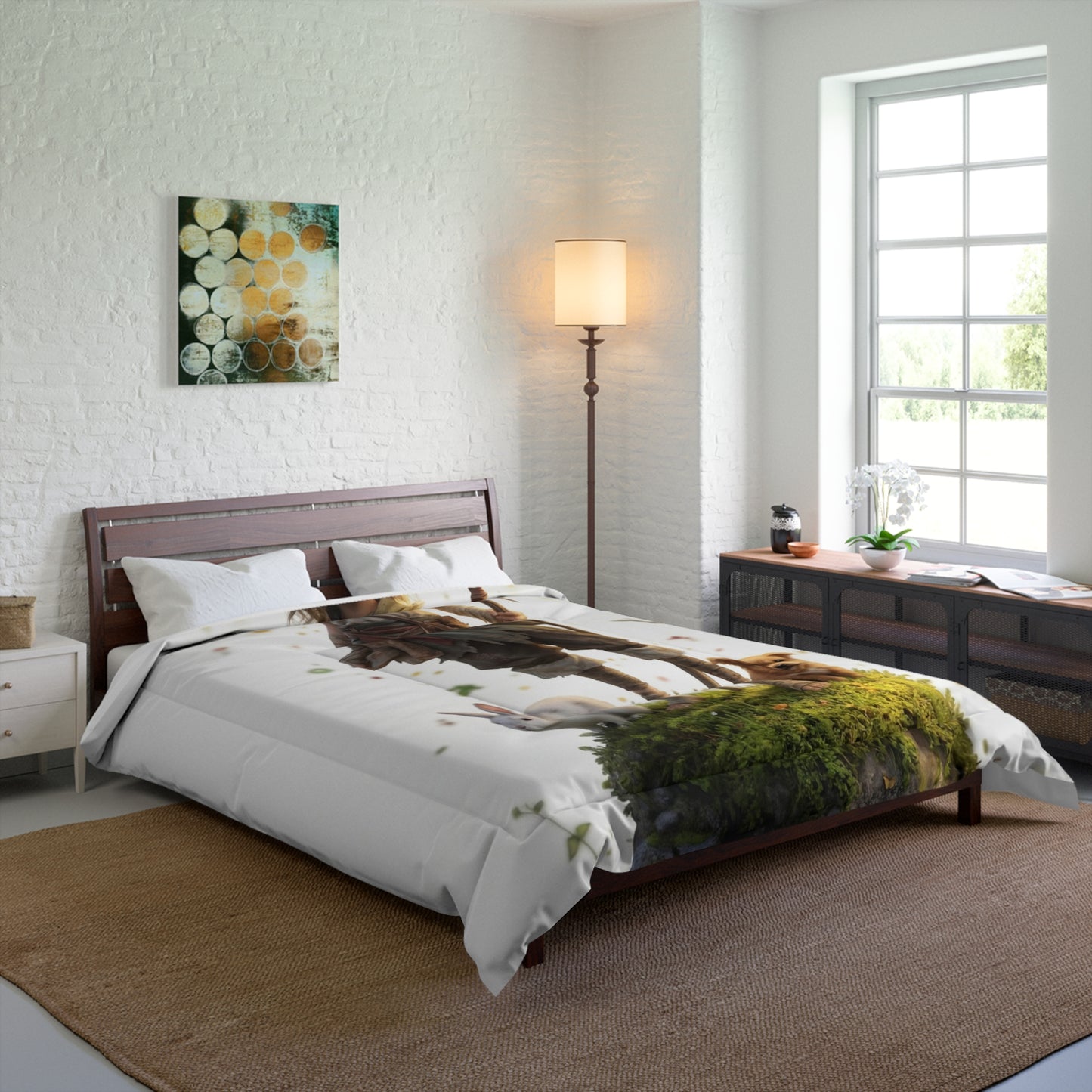 Forest Sentinel Comforter – Luminescent Deer-Horned Child Amid Mossy Rock