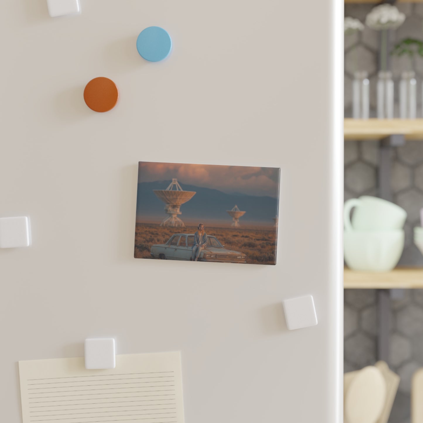 Desert Radio Astronomer Button Magnet, Rectangle (1 & 10 pcs) – Sunset Broadcast Under Giant Dishes