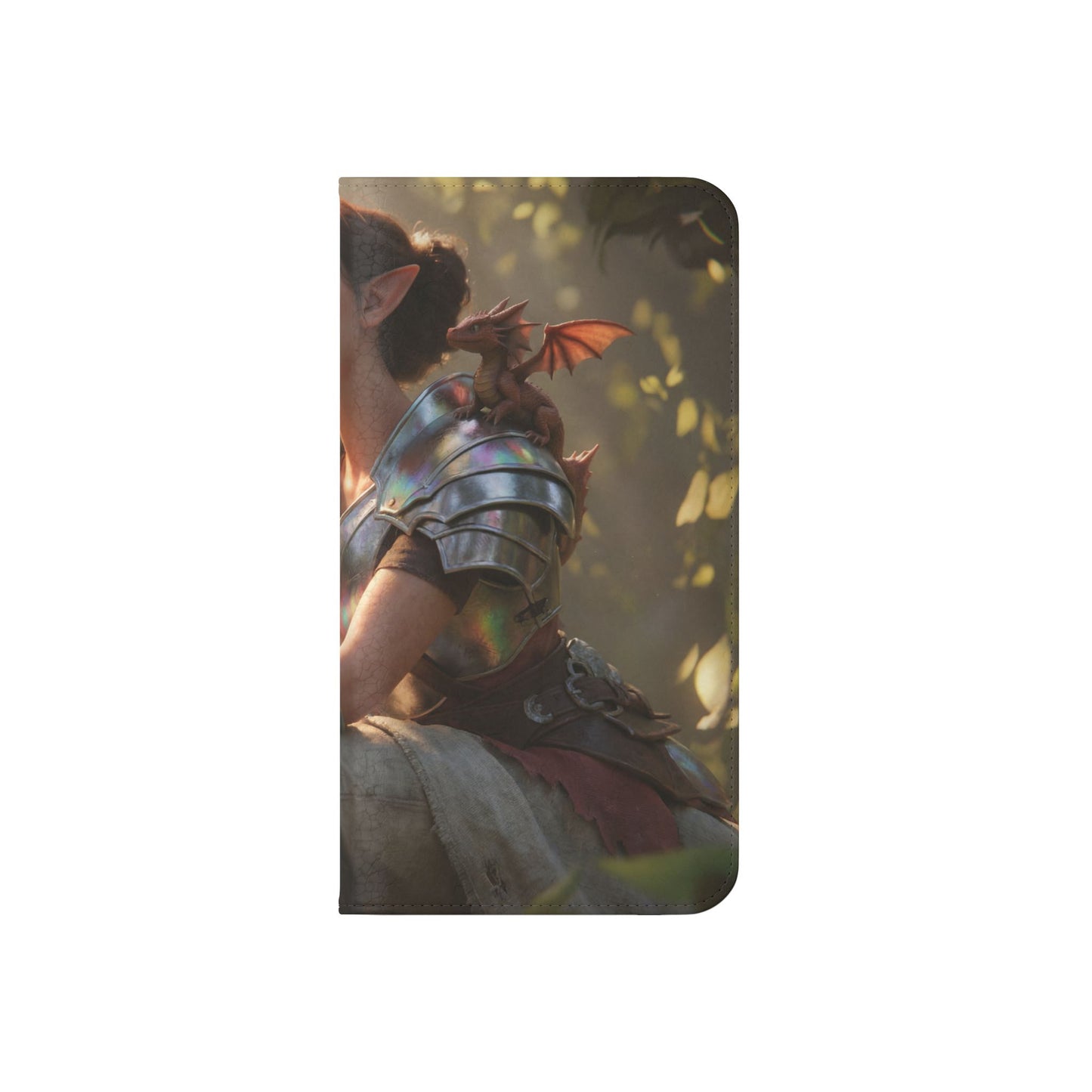 Elven Knight with Dragon Flip Cases – Iridescent Armor & Tiny Guardian Portrait