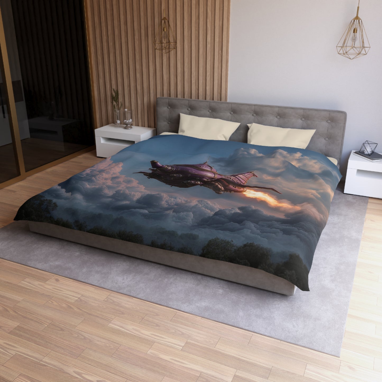 Celestial Teapot Airship Duvet Cover – Twilight Brew Across Clouds