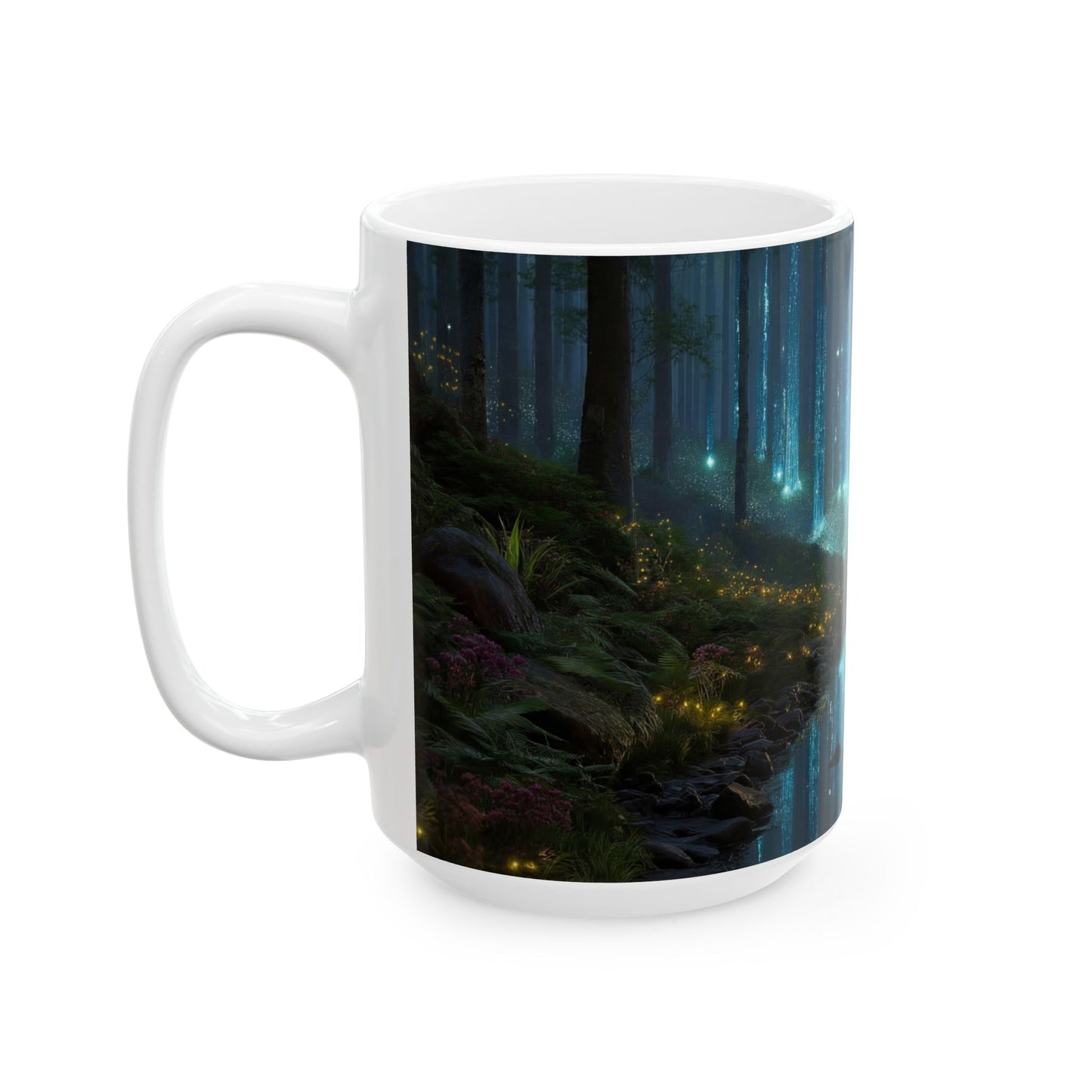 Celestial Forest Stream Ceramic Mug – Azure Lightfall Dreamscape