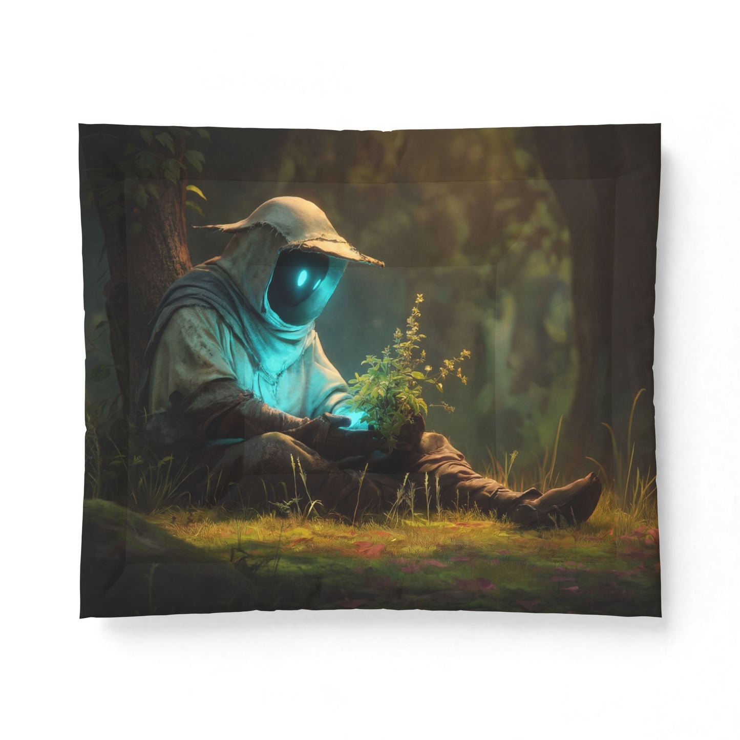 Bioluminescent Gardener Cotton Comforter – Glowing Blue Sentinel in the Grove