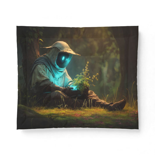 Bioluminescent Gardener Cotton Comforter – Glowing Blue Sentinel in the Grove