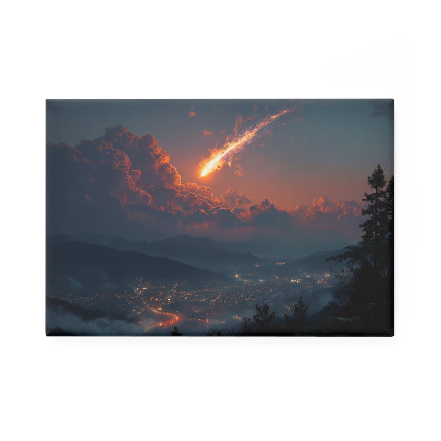 Meteor Over Valley Button Magnet, Rectangle (1 & 10 pcs) – Fiery Comet Trailing Through Twilight Clouds